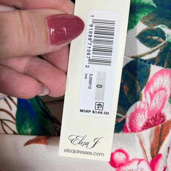 NWT Eliza J Floral Cream Pink Green Ruffled Asymmetric-Hem Sheath Dress 0 - Picture 14 of 16